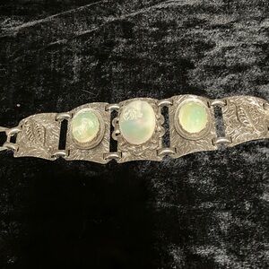 Vintage silver tone panel link bracelet with three oval Mother of pearl